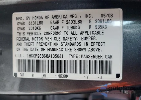 2008 Honda Accord Exl from USA, damaged, VIN 1HGCP26868A135041
